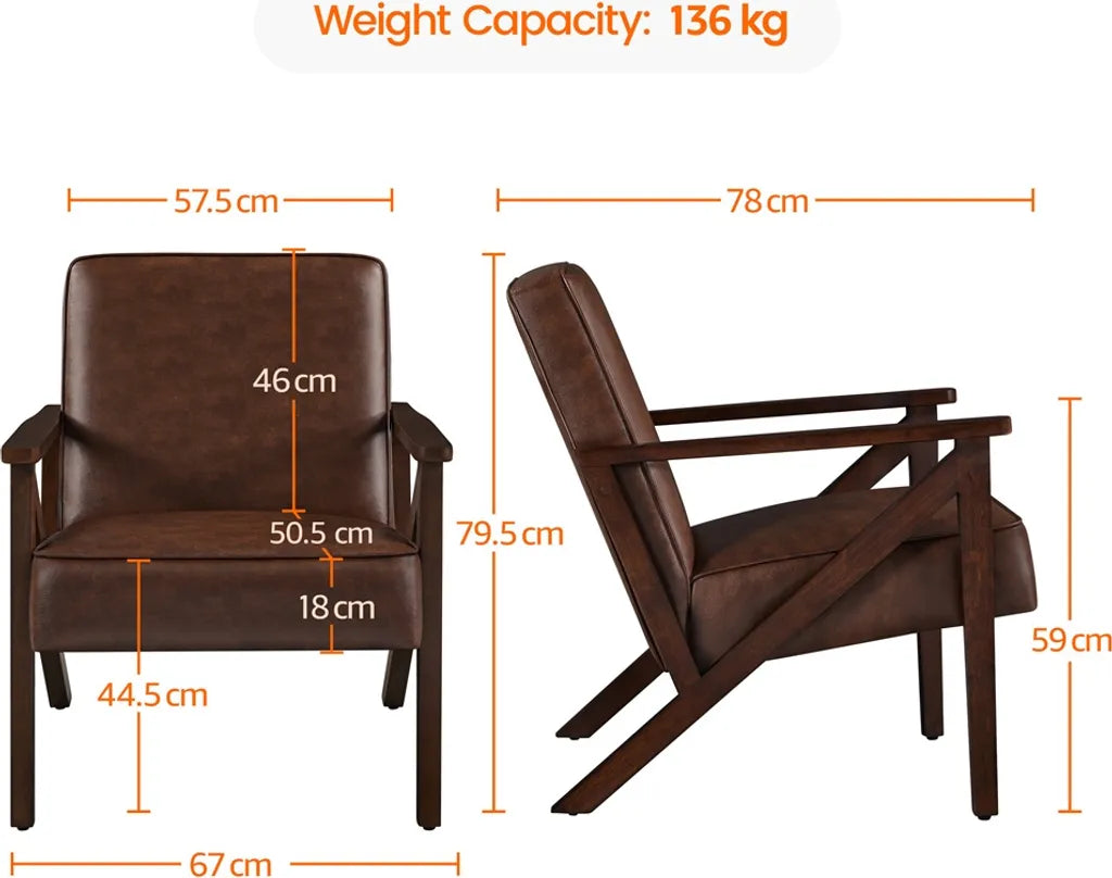 Fauteuil Yaheetech Vintage en simili cuir avec pieds en bois massif - Marron foncé - 78 x 67 x 79,5 cm