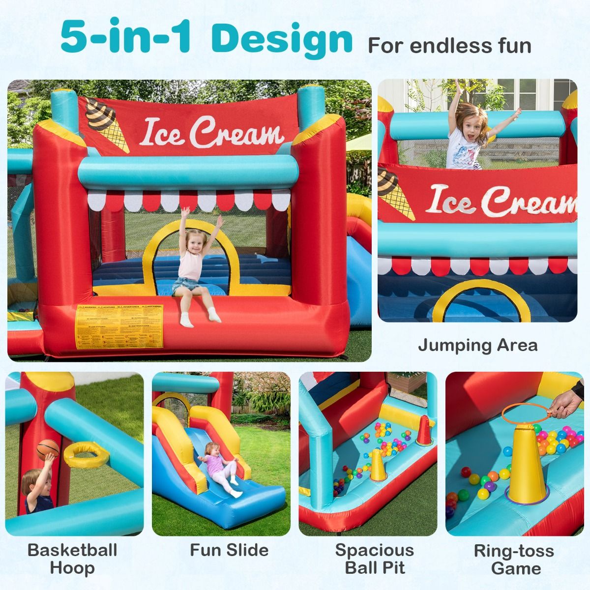 Structure gonflable Coast 5-en-1 - Toboggan - Piscine à balles - Panier de basket - Multicolore 485,5 x 239 x 206 cm