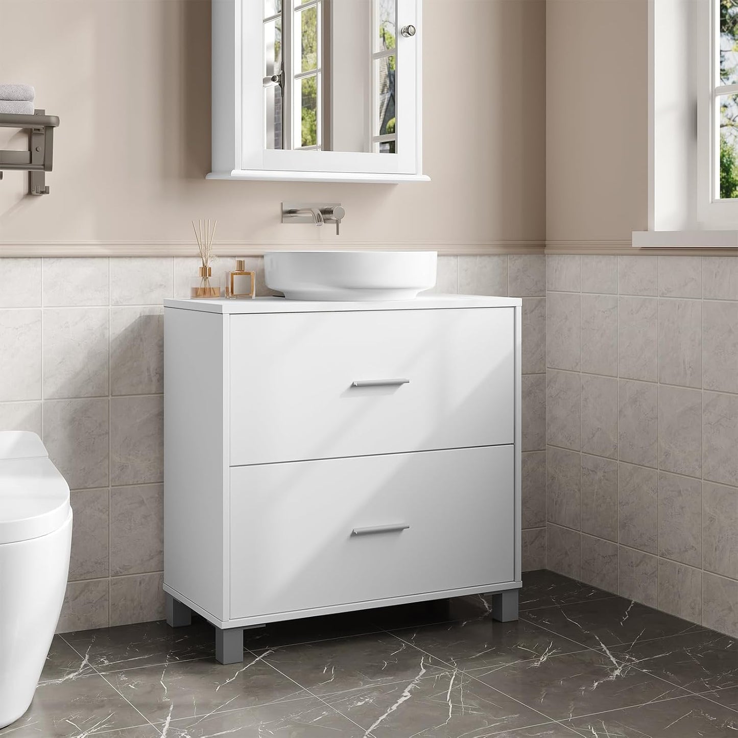 Meuble sous-lavabo eSituro à 2 tiroirs - Meuble de salle de bains avec emplacement pour siphon - Blanc - 60 x 30 x 60 cm