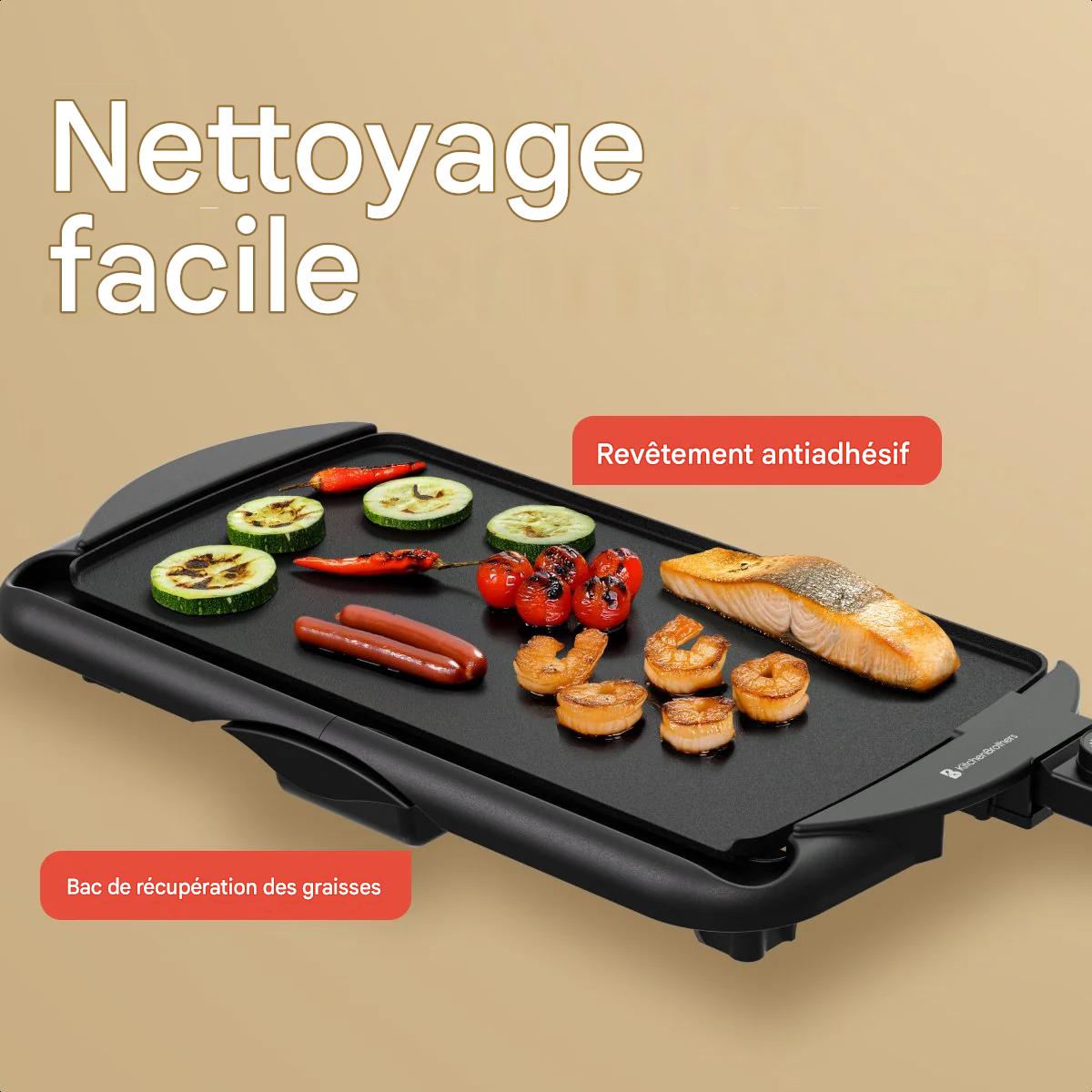 KitchenBrothers Plaque de gril électrique XL - 2000W - Gril Teppanyaki - Grillades en toute sécurité - Noir
