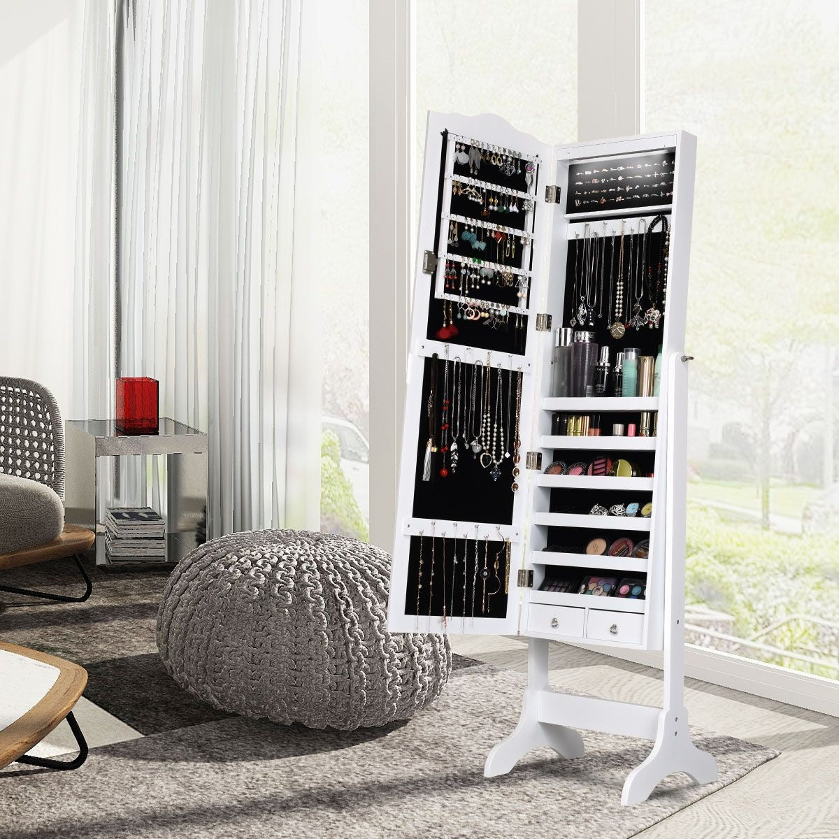 Coast armoire à bijoux - 12 lampes Led - avec miroir - inclinable - avec tiroirs - 41,5 x 37 x 160 cm - blanc