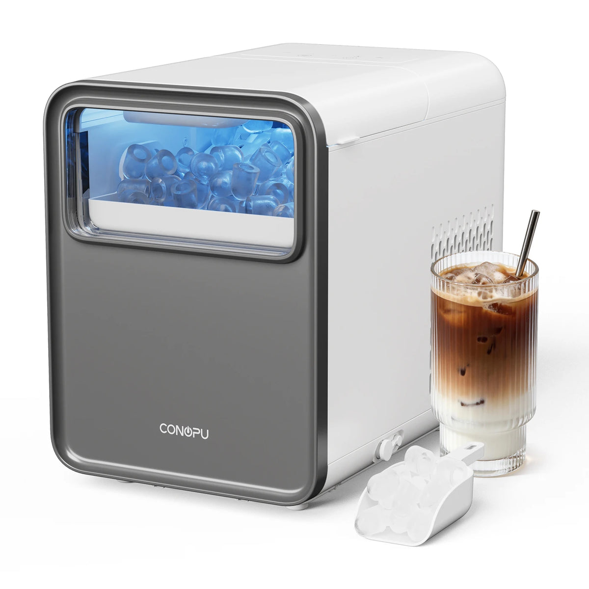 Machine à glaçons CONOPU – Autonettoyante, 9 glaçons sphériques en 6 à 8 min, 2 tailles de glaçons, 12 kg/jour, 1,5 L, silencieuse et compacte – 35 × 23 × 30 cm, bleu glacier
