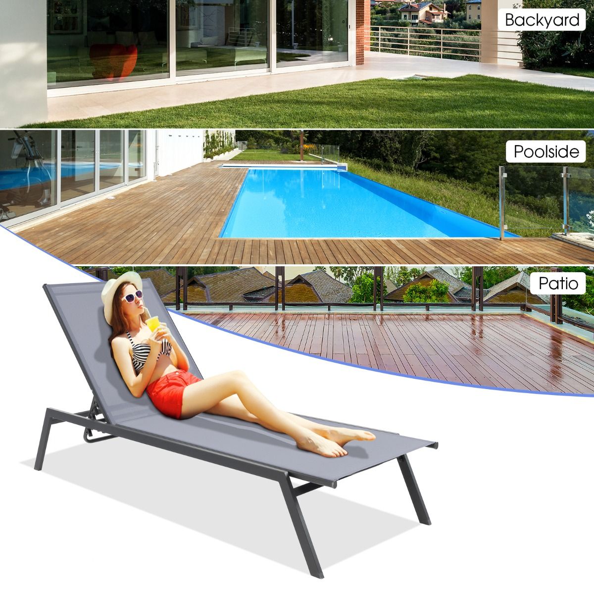 Chaise longue d'extérieur réglable Coast - 6 positions - Tissu à séchage rapide - Gris