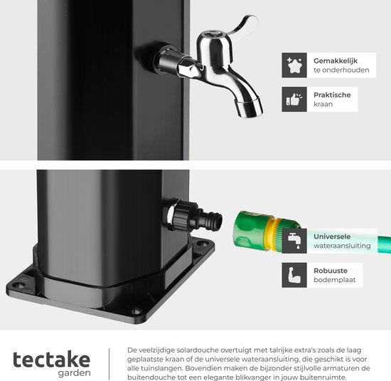 Douche d'extérieur tectake® - Solaire - 35 L - Eau chaude jusqu'à 60 °C - Avec housse de protection et porte-savon - Raccord pour tuyau d'arrosage - Douche de jardin avec grande pomme de douche réglable et robinet au pied - Douche solaire - Douche de camp