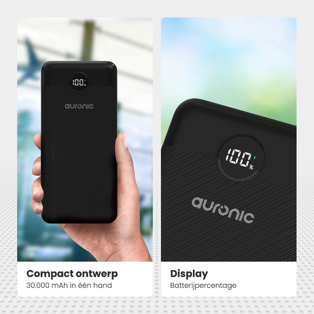 Batterie externe - Auronic - 30 000 mAh - 4 ports de charge - Charge rapide - USB/Micro-USB/USB-C - Noir