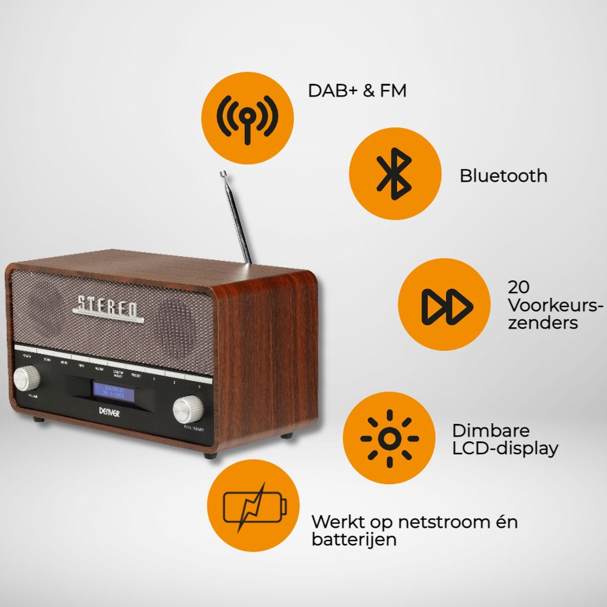 Denver DAB Radio - Retro Radio XL - DAB+/ FM Radio - Bluetooth - Dimmable - 100W - Batteries & secteur - DAB36 - Bois