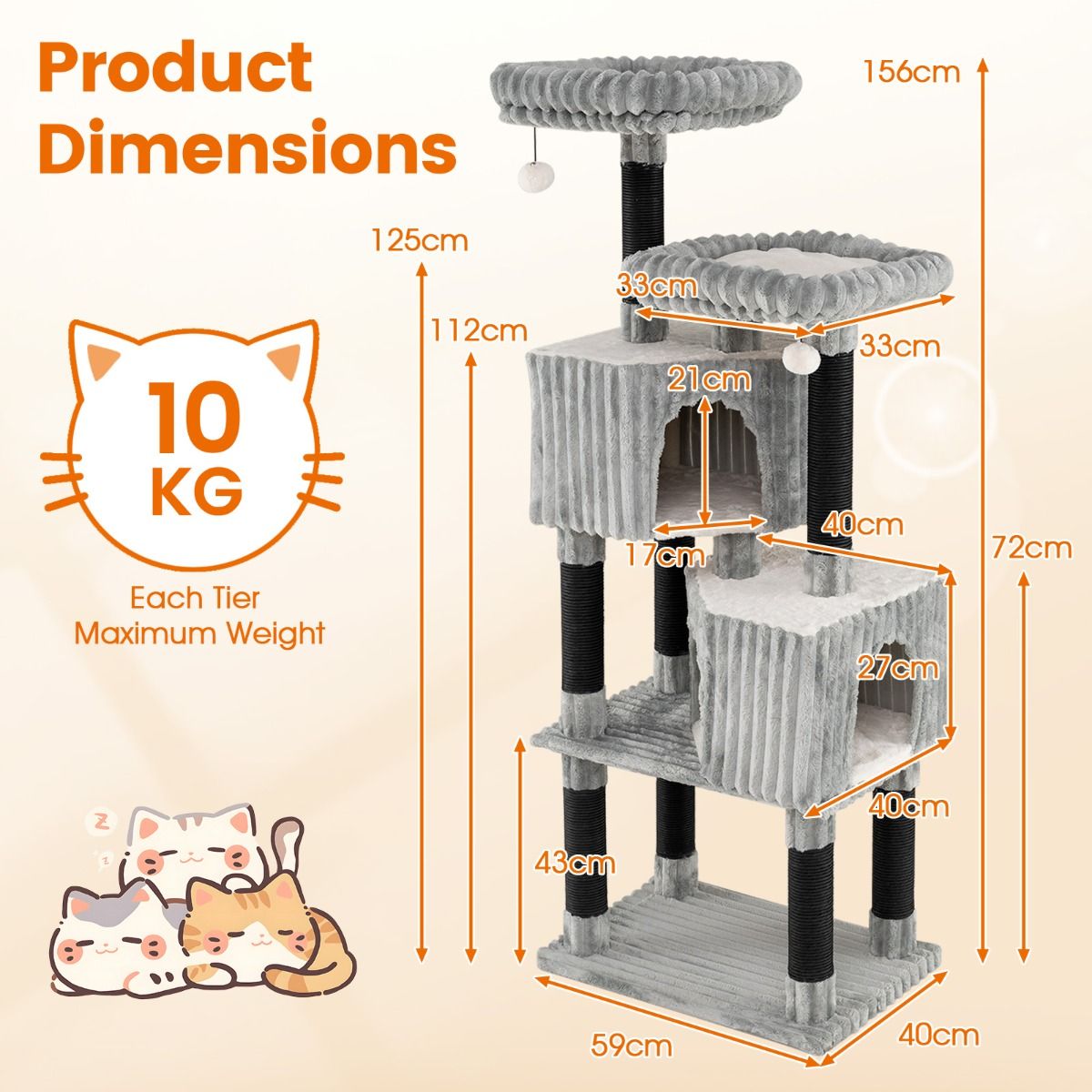 Arbre à chat Coast - 2 niches douillettes - 2 espaces de repos - gris clair - 156 cm