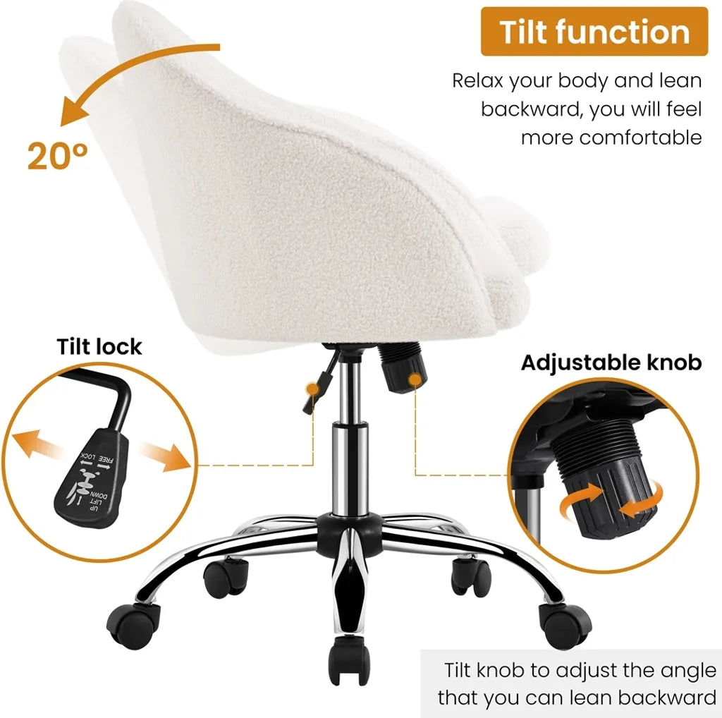 Chaise de bureau ergonomique Yaheetech 60 x 60 x 76,5-86,5 cm - Ivoire - Chaise pivotante réglable avec revêtement en velours