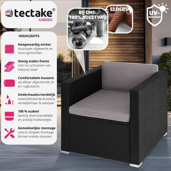 tectake® fauteuil confortable en osier avec accoudoirs, mobilier de jardin pour balcon, jardin, salon, 70 x 69 x 65 cm, déperlant et lavable, coussins d'assise et de dossier inclus - noir - poly-rattan