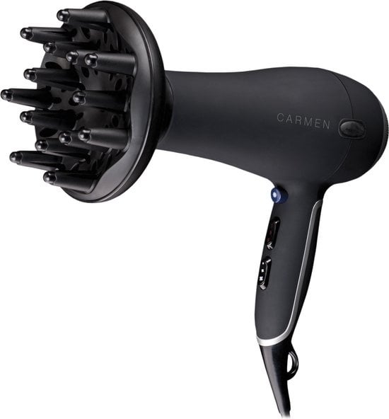 Carmen HD2195 - Sèche-cheveux - 2000 Watts - Coolshot - Cordon de 2,5 mètres - Buse soufflante et diffuseur - Noir