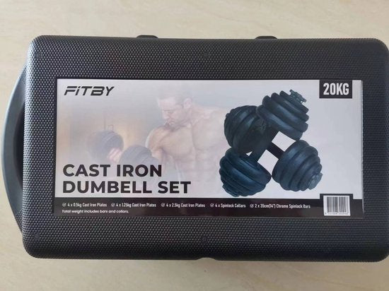 Fitby Dumbells 20KG - Haltères - Jeu de poids - Haltères réglables - Jeu d'haltères - Jeu d'haltères - Fonte - Boîtier de rangement inclus