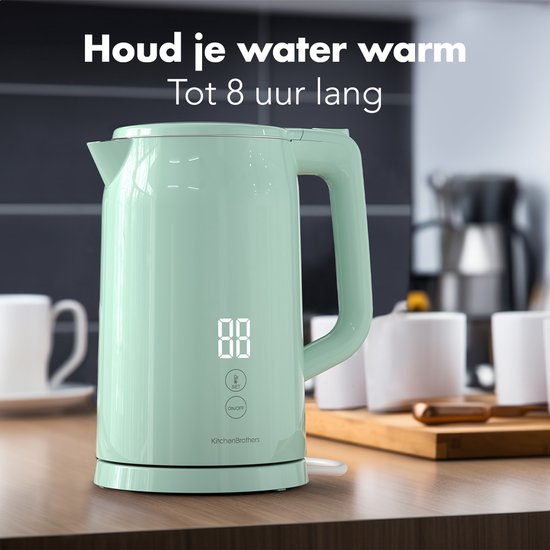 KitchenBrothers Bouilloire - 1,7L - Avec contrôle de la température - Électrique - Fonction maintien au chaud - Affichage - Double paroi - Cool-touch - 2200W - Vert pastel