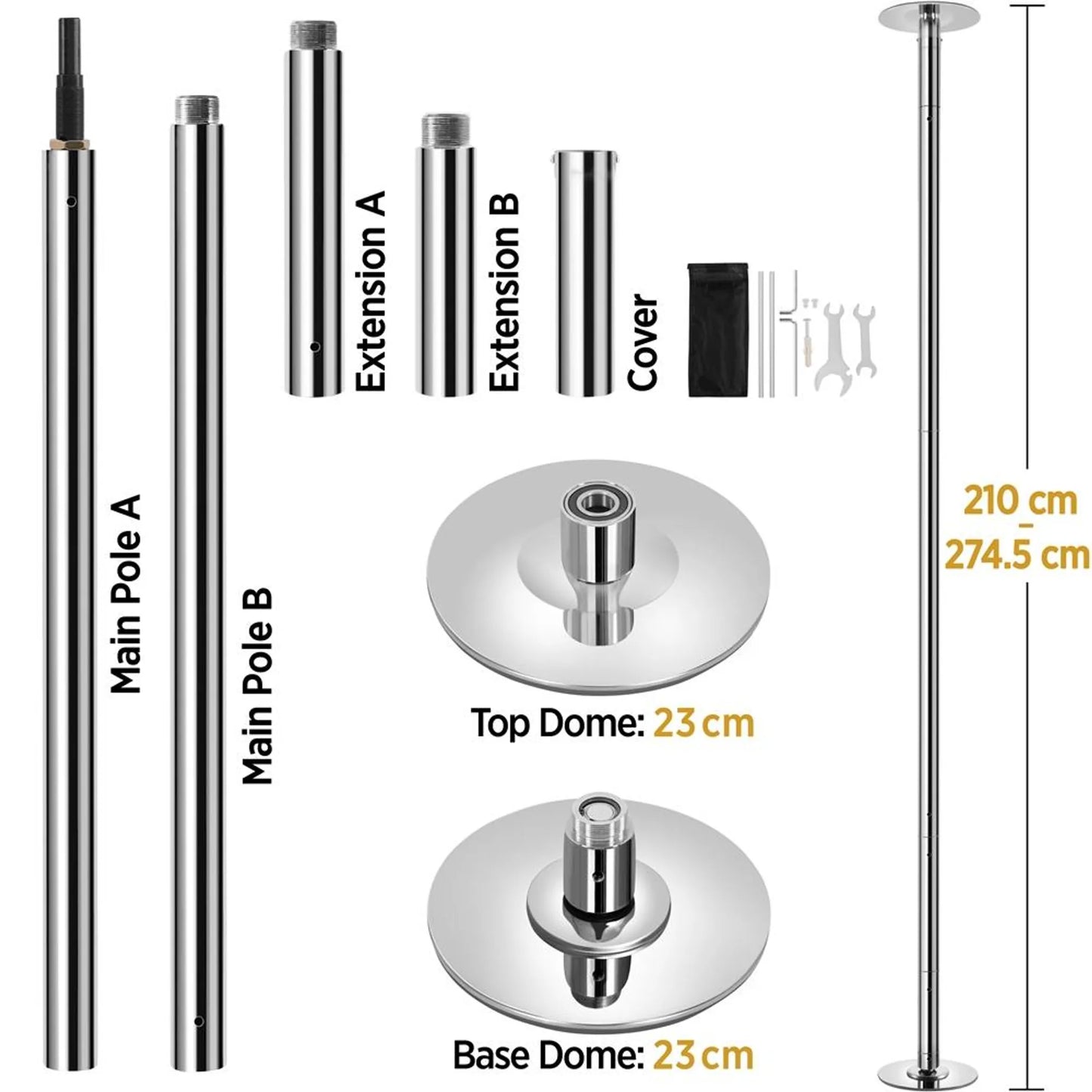 Yaheetech Dance Pole With Ceiling Mount - Equipped With Static And Rotating Stand And 2 Extension Rods And Rubber Anti-slip Profile - For Home Use And Fitness - Silver Chromed Metal - 23 x 23 x 225-274.5 cm