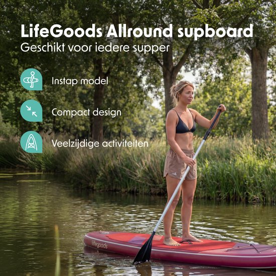 LifeGoods SUP Board All-round Compact - 100 KG Load Capacity - 300 x 76 cm - Inflatable - Complete SUP Package - Red/Lilac