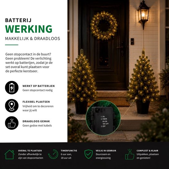 Ensemble « Black Box Trees Nagoya » : sapin et couronne de Noël - 2 sapins de Noël artificiels et 1 couronne avec éclairage LED - H 90 x Ø 45 cm - Vert
