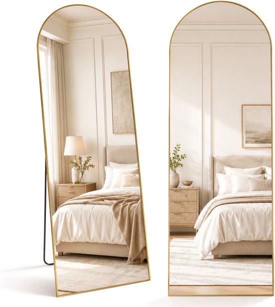 Miroir Infinity Goods - 160 x 60 cm - Miroir mural design - Miroir sur pied avec cadre métallique - À suspendre - Miroir de dressing - Forme arrondie - Moderne - Doré