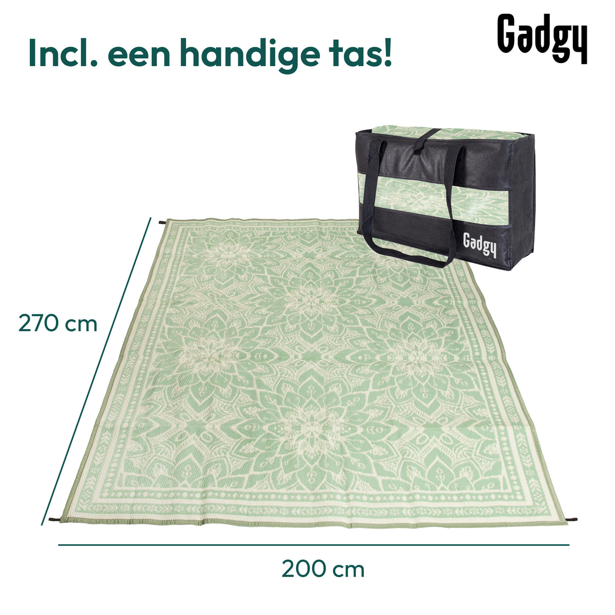 Tapis d'extérieur Gadgy XXL - Tapis d'extérieur 270x200 cm - Tapis de jardin double face - Tapis de pique-nique vert blanc - Tapis d'extérieur