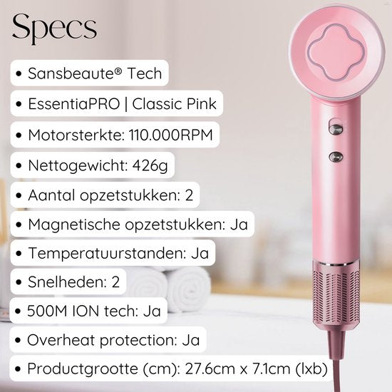 Sansbeauté® Sèche-cheveux avec diffuseur - Boucles - 110 000 tr/min - Sèche-cheveux ionique avec brosse - 3 étapes - 3 accessoires - Sèche-cheveux de voyage - Coolshot - Sèche-cheveux avec diffuseur - Sèche-cheveux - 2000W - EssentiaPRO®.