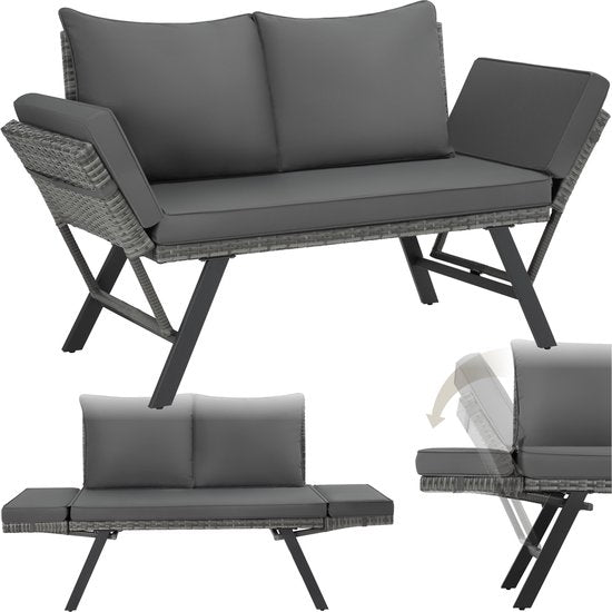 tectake® 2-in-1 Banc de jardin en osier Sintra - Mains courantes réglables - Salon de jardin - Chaise longue - Banc de salon de balcon - Coussins inclus - Canapé de salon d'extérieur - Lit de soleil résistant aux UV et aux intempéries - Gris