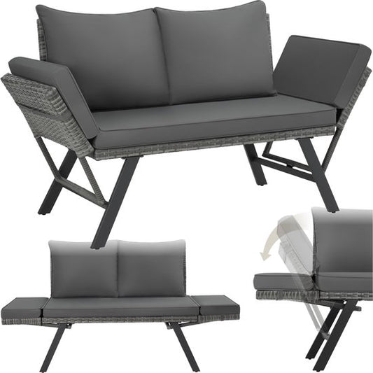 tectake® 2-in-1 Banc de jardin en osier Sintra - Mains courantes réglables - Salon de jardin - Chaise longue - Banc de salon de balcon - Coussins inclus - Canapé de salon d'extérieur - Lit de soleil résistant aux UV et aux intempéries - Gris