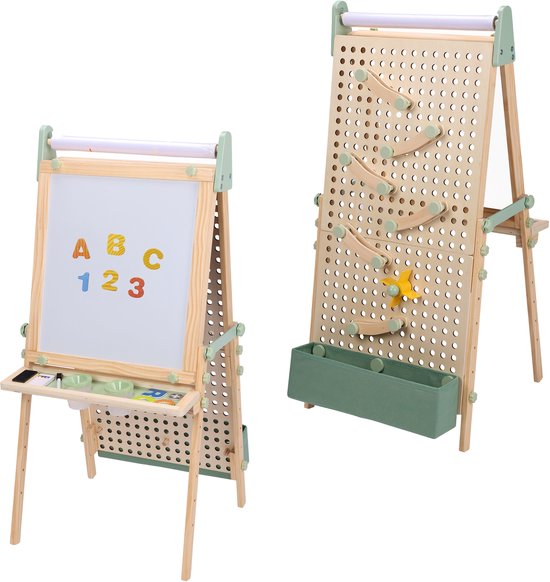 Sunny Mika Activités – Petit âne en bois pour enfants – Âne ludique avec tableau blanc, tableau à craie, tableau magnétique et tableau à picots – Comprend un rouleau de papier, des aimants, des craies, une gomme, des accessoires pour le tableau à picots e