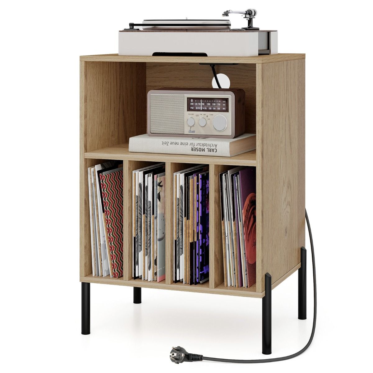Étagère à vinyles Coast avec station de recharge - 4 compartiments - adaptée à une platine vinyle - couleur naturelle