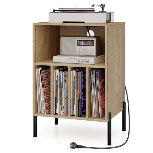 Étagère à vinyles Coast avec station de recharge - 4 compartiments - adaptée à une platine vinyle - couleur naturelle