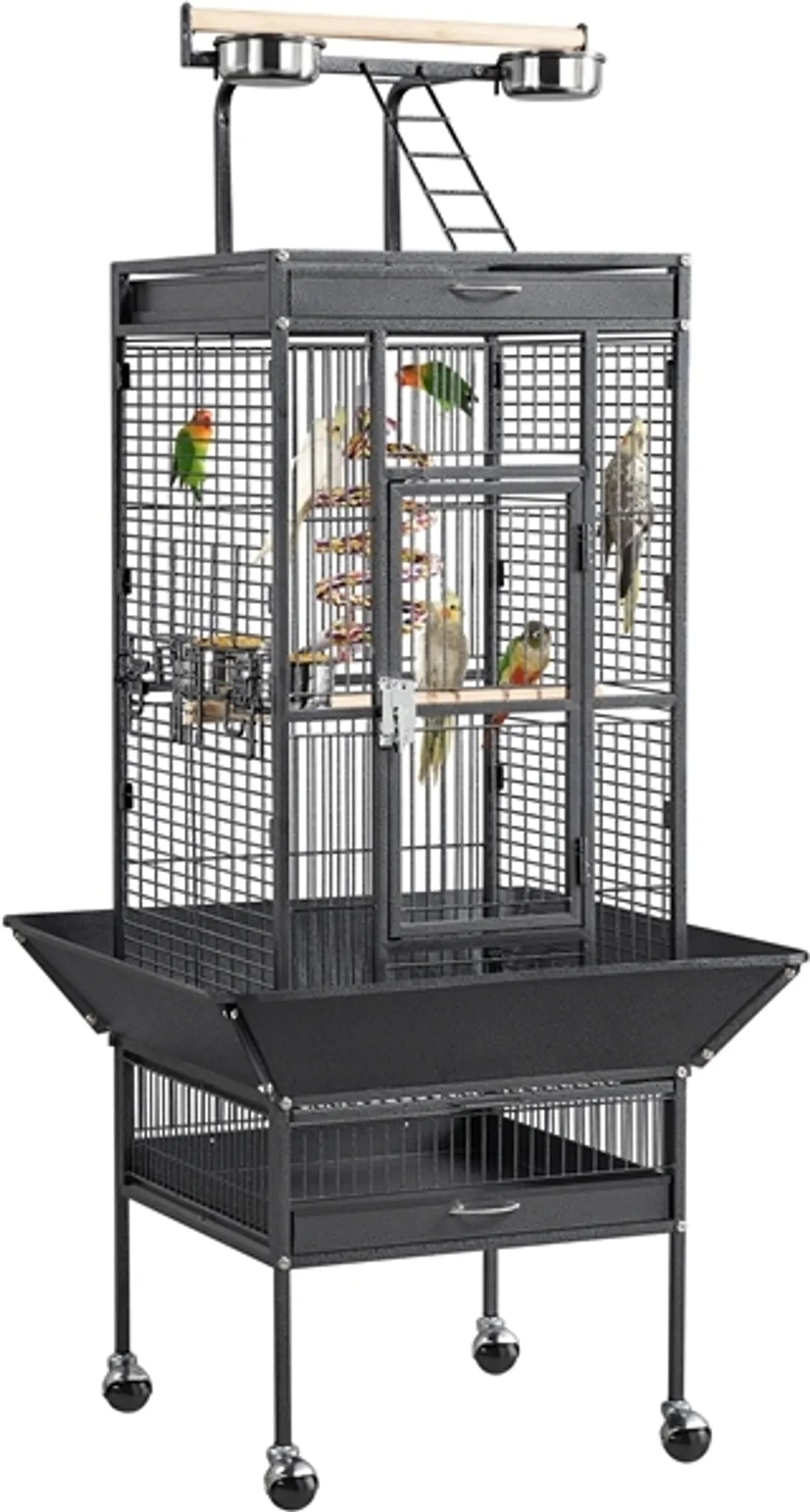 Yaheetech Cage pour perroquets avec plateau de jeu - équipée d'un collecteur de graines, de tiroirs à fumier extensibles et de portes d'alimentation - pour perruches et perroquets - Fer noir poudré - 65,5 x 65,5 x 156 cm