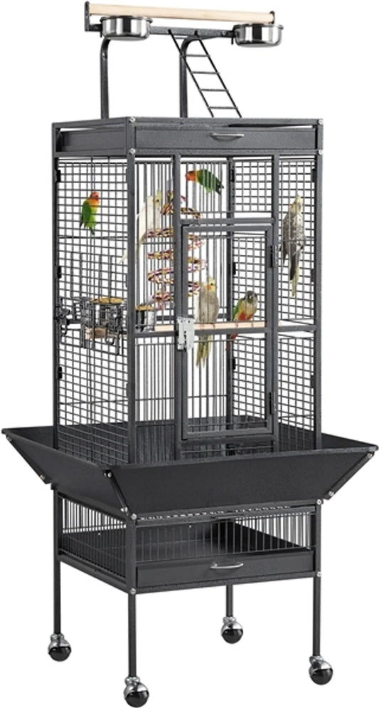 Yaheetech Cage pour perroquets avec plateau de jeu - équipée d'un collecteur de graines, de tiroirs à fumier extensibles et de portes d'alimentation - pour perruches et perroquets - Fer noir poudré - 65,5 x 65,5 x 156 cm
