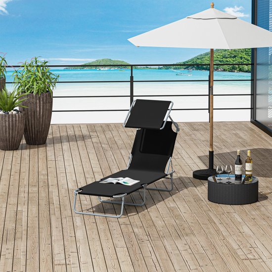 Chaise longue Outsunny - pliable - avec pare-soleil - 4 positions - noir