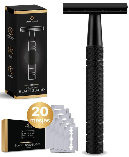 Wellshave Safety Razor Black - Stainless Steel + 20 Razors - Women & Men - Razor - Safety Razor - Double Edge - Single Blade