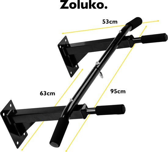 Zoluko Professional Pull Up Bar Wall Mount - 150kg Load Capacity - Incl. E-book - Easy Mounting - Pull Up Bar Fitness - Pull Up Station for Home Sports - Chin Up Bar - Black