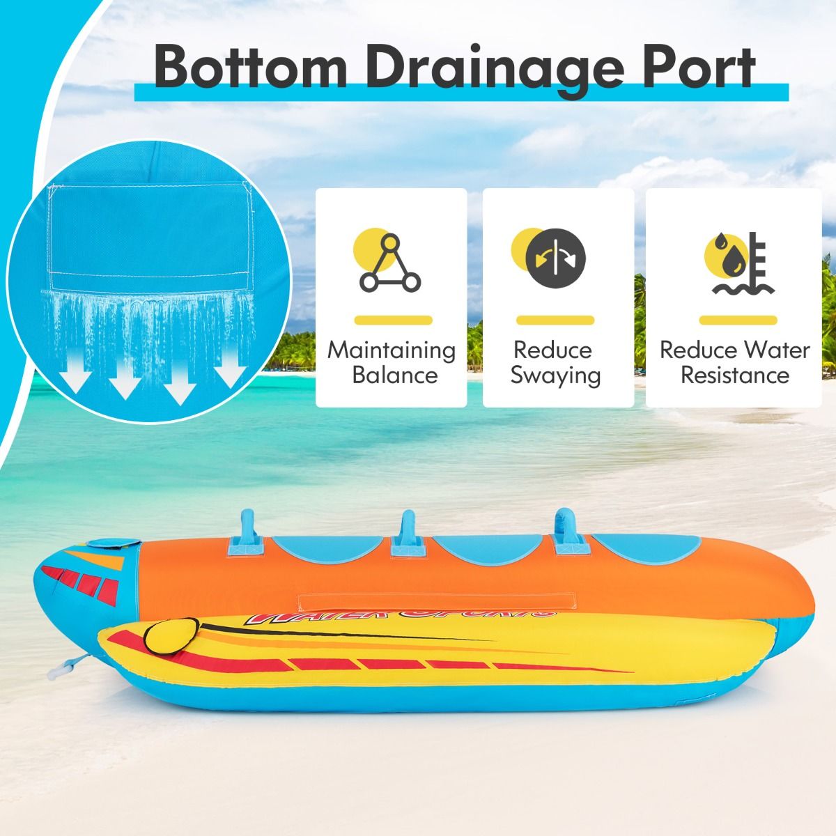 Bateau banane gonflable Coast pour 3 personnes - Orange/Jaune - 252 x 108 x 51 cm