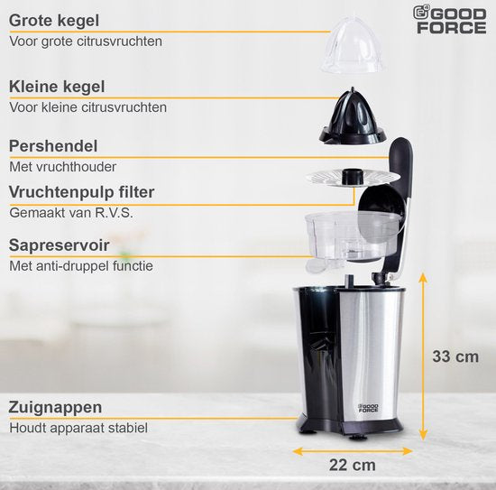 GoodForce Presse-agrumes - Presse-orange électrique - Presse-fruits - Presse-citron - Acier inoxydable - Poignée de presse