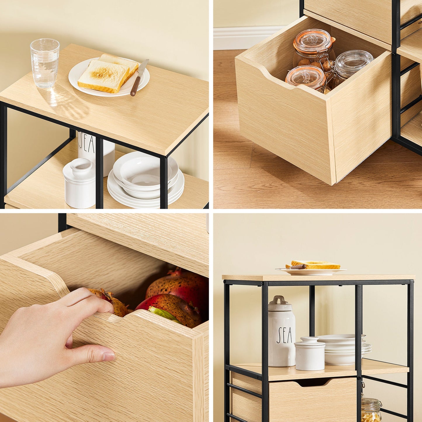 Chariot de cuisine Sobuy en bois naturel et métal noir - Chariot roulant scandinave - 89x53x37 cm