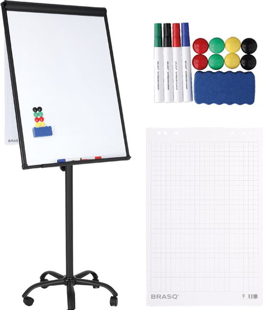BRASQ Flipchart Mobile - 70x100 cm - Tableau blanc ajustable - Comprend 25 feuilles de papier, 4 marqueurs, 8 aimants, une gomme - Flipchart avec trombone et crochets - Tableau magnétique - Tableau magnétique - Noir