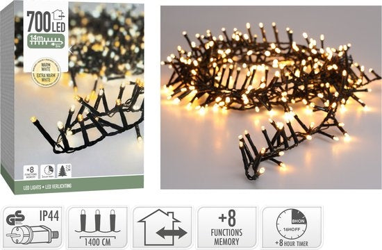 Microcluster - 700 LED - 14m - bicolore romantique - Blanc chaud Blanc extra chaud - Minuterie - Fonctions d'éclairage - Mémoire - Extérieur
