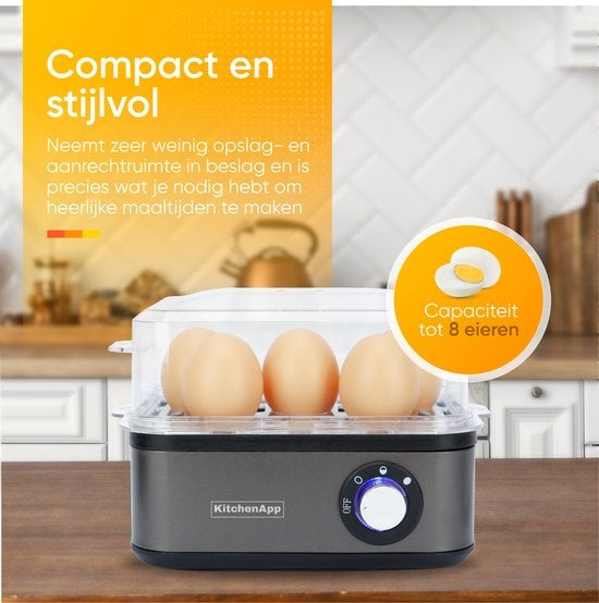 KitchenApp Chaudron à oeufs électrique - Convient pour 8 oeufs - Avec minuterie - Inclut un gobelet gradué - Gris argenté