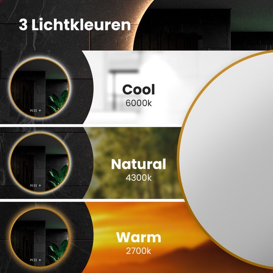Mirlux Miroir de salle de bain avec éclairage LED et chauffage - Miroir mural rond - Miroir de douche anti-condensation - Cadre doré - 80CM