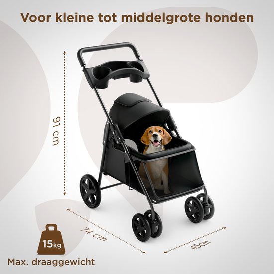 Trevopet® Dog Buggy Collapsible - Poussette - Buggy pour chiens de petite et moyenne taille jusqu'à 15 kg - Résistant à l'eau avec porte-gobelet - Noir