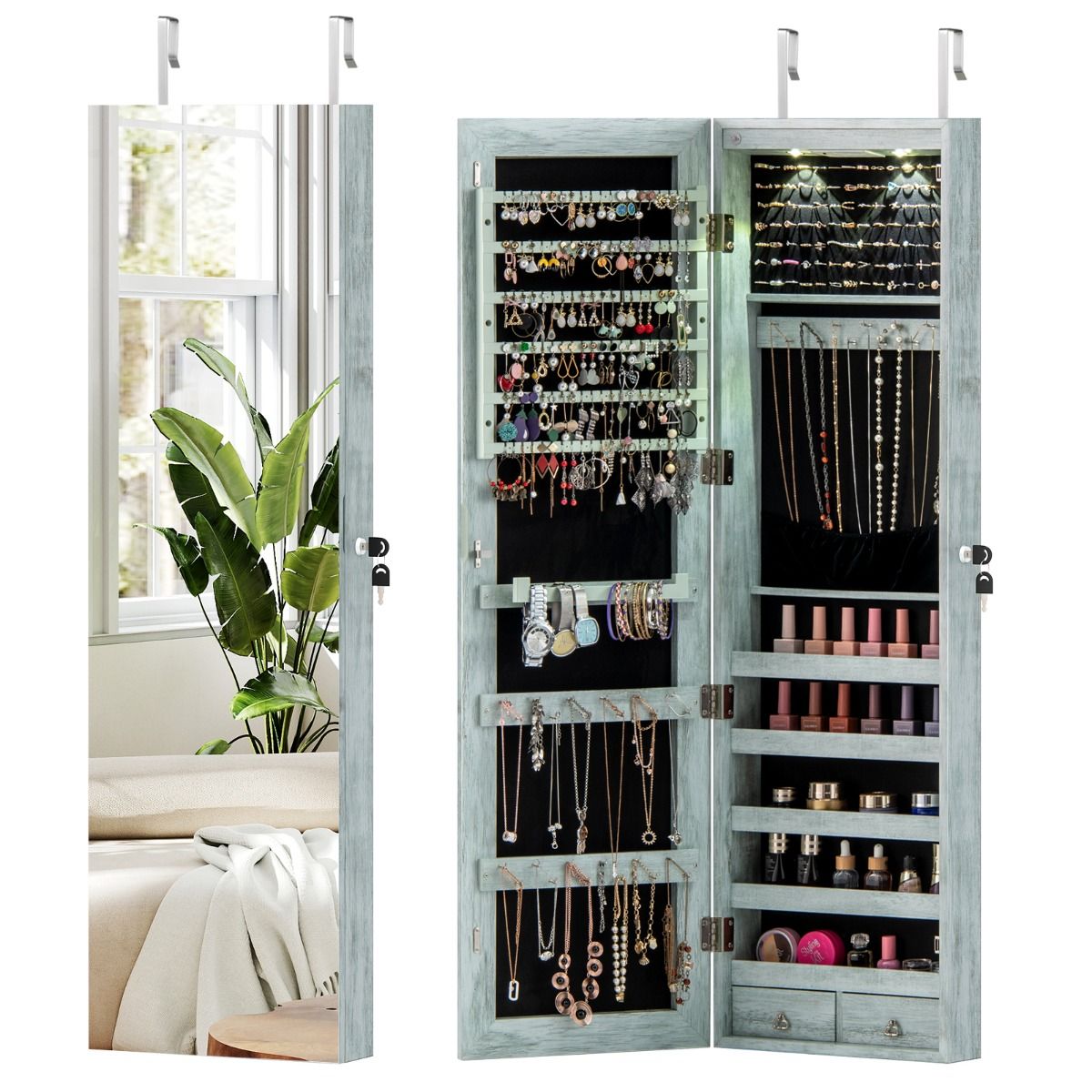 Coiffeuse Coast avec éclairage LED - miroir verrouillable - plateau de maquillage rabattable - vert - 120 x 35,5 x 10 cm