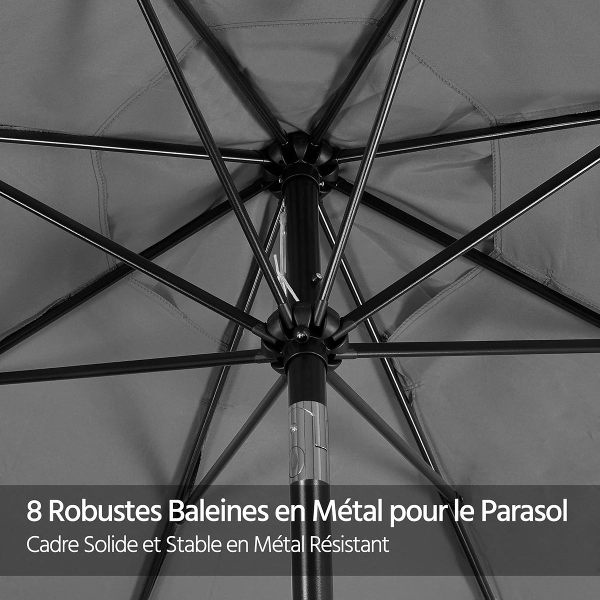 Parasol de jardin 268 cm avec fonction d'inclinaison, manivelle et 8 baleines, gris