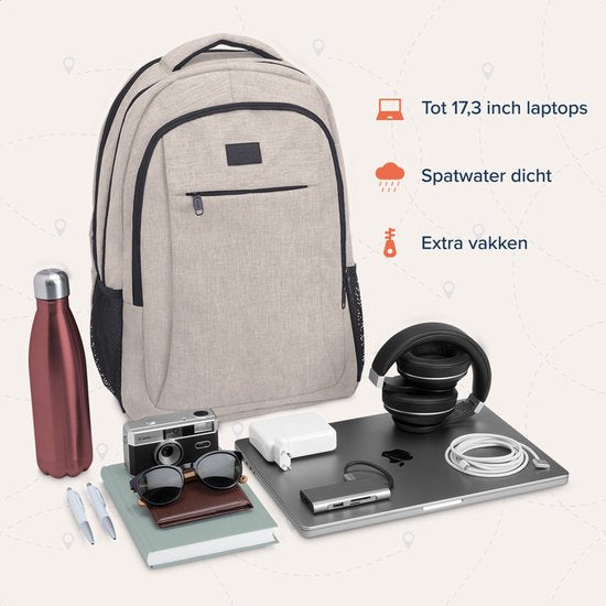 TRVLMORE Sac à dos - 36L - 17.3 Inch - Sac à dos pour ordinateur portable avec USB - Cartable - Homme et Femme - Sac Champagne