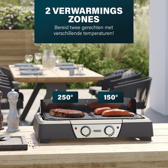 Princess BBQ Table Grill 112254 - Noir - Thermostat réglable - BBQ de table - Appareil pour grillades - Grande surface de cuisson - 2000W