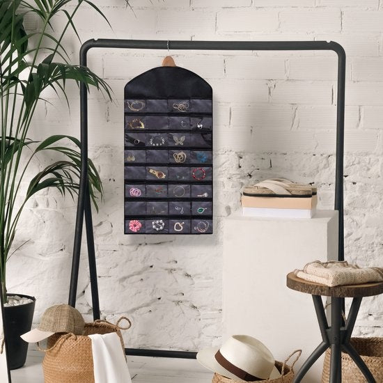 Aerend - Organiseur de bijoux - Porte-bijoux double face suspendu et transparent - Accessoires de rangement - Sac de rangement au-dessus de la porte en noir - Pour colliers, boucles d'oreilles, lunettes de soleil, bagues, Maquillage