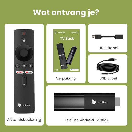 Leafline® Android TV Stick - Google TV Streamer - Chromecast intégré - Android TV Box - Avec télécommande et contrôle vocal