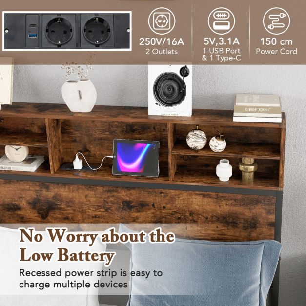 coast Cadre de lit double 200 x 140 cm - Cadre en métal avec chargeur - Rustic Brown - Avec tête de lit avec rangement