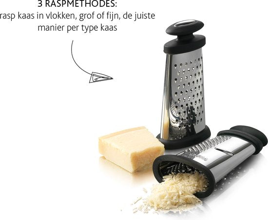 Boska Trio Formaggio - Râpe de table avec 3 méthodes de râpage - Multifonctionnelle - Argent/Noir