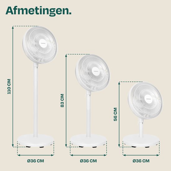 Ventilateur de sol VONROC - 3 vitesses – télécommande incluse - minuterie - réglable sur 3 hauteurs - blanc