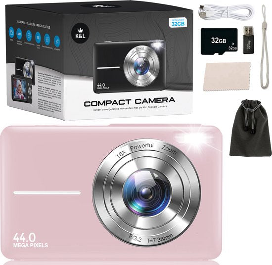 Appareil photo numérique K&L - Appareil photo - Appareil photo compact - Appareil photo pour vlog - Pour enfants - Avec carte mémoire de 32 Go - Rose